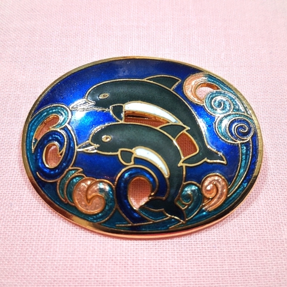 Vintage Cloisonne Dolphin Brooch Pin Ocean Waves Colorful Blue Goldtone Oval